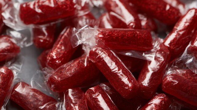 Red candy sticks wrapped in plastic packaging close-up macro shot
