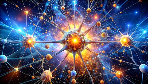 Bioluminescent connected spheres radiating energy. Interconnected complex web glows with light, energy, and motion