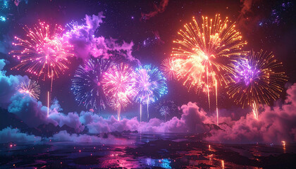 Vibrant fireworks explode in the night sky, reflected in water below, creating a dazzling display of color and light.