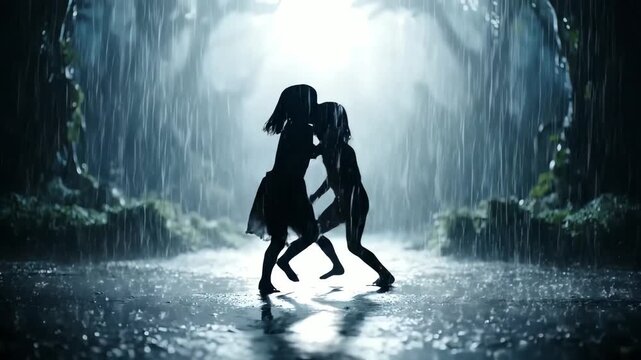 Children's Joyful Dance in Rain: Silhouette, Freedom, and Nature