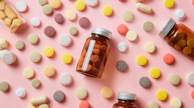 Assorted colorful pills and medicine tablets with open jar on pink background - Powered by Adobe