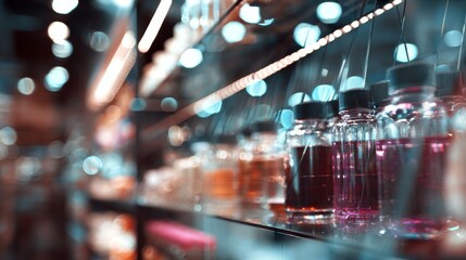 Abstract bokeh lights and rows of red glasses in a modern bar or restaurant setting