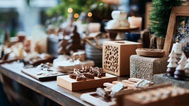 Christmas market stand selling handcrafted wooden toys and festive decorations in winter setting - Powered by Adobe