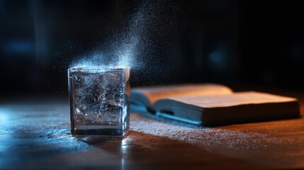 Glass of water splashing dramatically with floating dust and open book in background scene