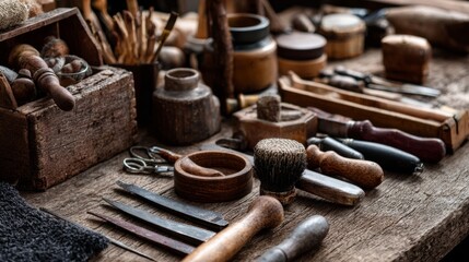 Carpenter’s wooden workbench with traditional tools arranged in rustic workshop setting