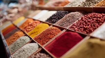Colorful spices and grains arranged in open market stall containers in top view