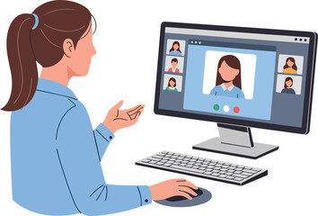 Create a Simple vector illustration of a woman consulting online on a PC vector art with white background.