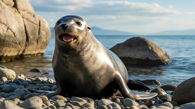 Curious seal exploring rocky shoreline with mountains in background at golden hour