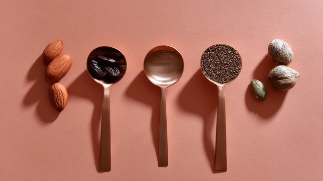 Wooden spoons with spices and herbs on pink background for food styling concept - Powered by Adobe