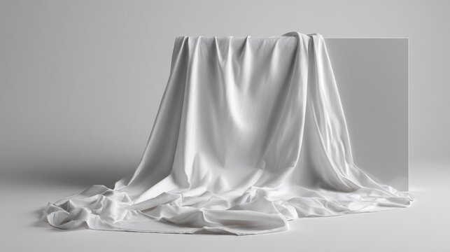 Draped white satin fabric on gray floor with soft shadows and clean folds