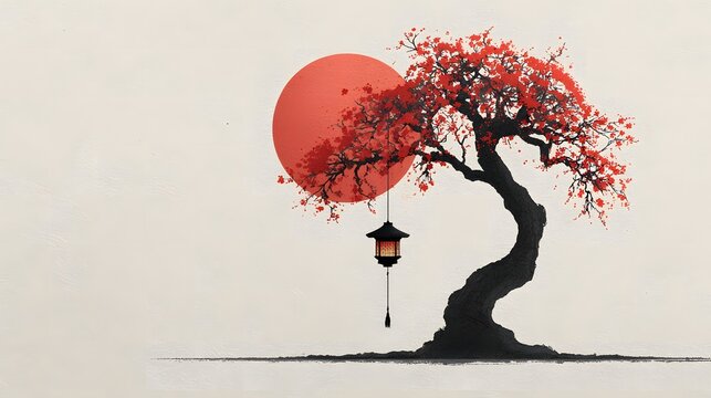 Japanese cherry blossom tree with red leaves and hanging lantern art