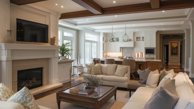 A modern, spacious cape cod living room with a cozy fireplace, elegant furniture, and an open kitchen area, featuring natural light and stylish decor