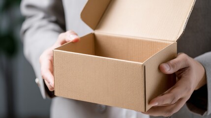 Hands holding and opening cardboard shipping box on neutral background