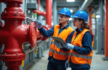 Two workers wearing hard hats and safety vests examine large red industrial pipe. One holds tablet, pointing at valve system. They appear to be collaborating on maintenance task in factory or plant.
