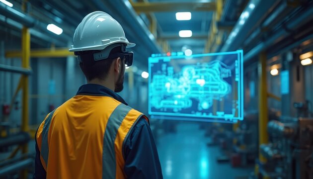 Engineer uses augmented reality glasses to monitor hologram factory. Man wearing hard hat and safety vest works with digital twin tech at workshop. Industry innovations, engineering solutions concept. - Powered by Adobe
