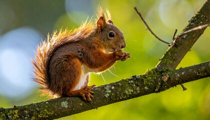 Obraz premium Alert, red squirrel perched on a mossy branch, munching, backlit by sun against blurred green foliage background