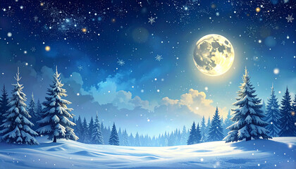 Winter landscape with snow-covered ground, pine trees, and a bright full moon in a starry night sky.