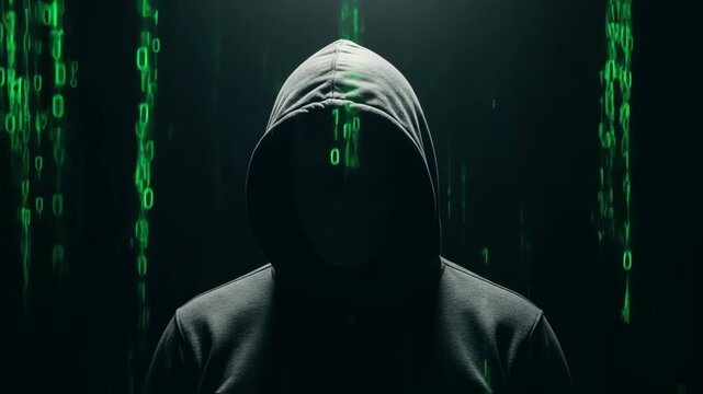 Mysterious figure in dark hoodie sits at computer, illuminated by green binary code, creating an atmosphere of secrecy and intrigue in the digital world of hacking and cybersecurity	