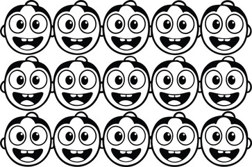 Happy cartoon face pattern, simple, repetitive, graphic, black and white
