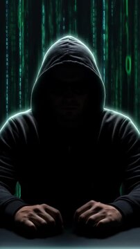 Mysterious figure in dark hoodie sits at computer, illuminated by green binary code, creating an atmosphere of secrecy and intrigue in the digital world of hacking and cybersecurity	