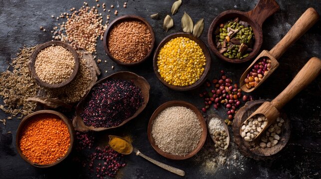 Variety of colorful spices and herbs displayed in wooden spoons and bowls