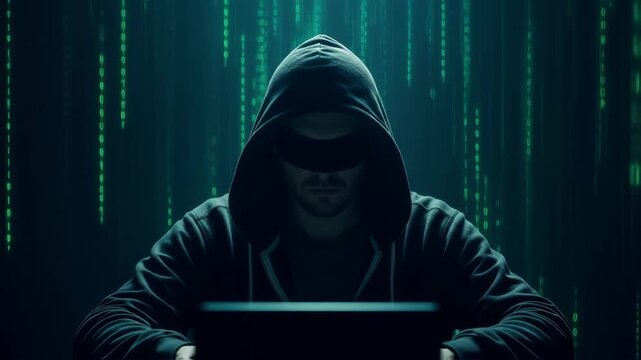 Mysterious figure in dark hoodie sits at computer, illuminated by green binary code, creating an atmosphere of secrecy and intrigue in the digital world of hacking and cybersecurity	