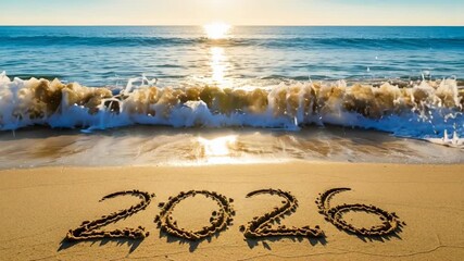 New Year 2026 written in sand on a beach, with gentle waves lapping at the shore, capturing the essence of celebration and new beginnings in a serene coastal setting	