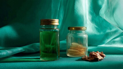 Glass bottles filled with green liquid and ginseng on satin green background