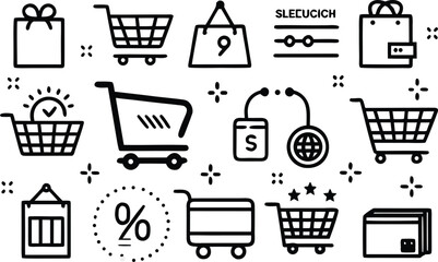 Shopping icons: cart, bag, gift, wallet, discount, sale, online commerce