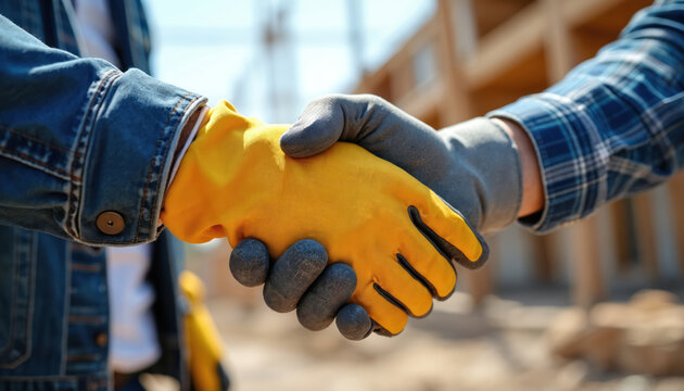 Two construction workers shake hands outdoors on a building site. They wear work gloves and protective gear. The image shows agreement and successful teamwork.