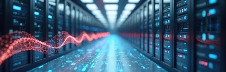 Server racks hum in data center with glowing abstract digital data stream. Abstract network of glowing data flows through modern server room. Futuristic tech concept of big data.