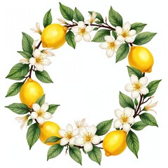 Fototapeta premium Round floral wreath with ripe yellow lemons, white blossoms, and green leaves on white background. Natural botanical decoration for summer greeting cards invites and wedding.