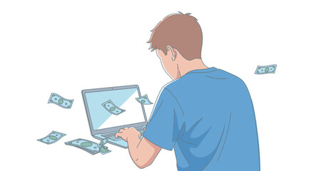 Online Income Illustration Man Earning Money with Laptop.