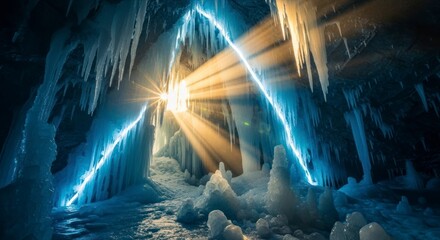 Mystical Ice Cave with Glowing Energy Beams.