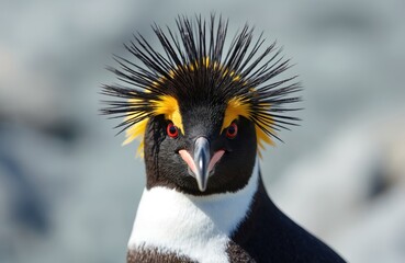 Northern rockhopper penguin with yellow crest stands on rocky shore. Bird has spiky head feathers red eyes white chest black body. Penguin portrait on blurred background.