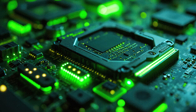 Advanced computer chip on circuit board with green glowing components. Next gen graphics processor shows complex circuitry and power. High tech system part glows with light.