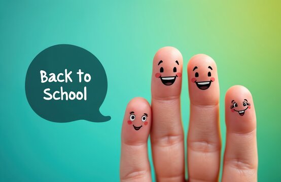 Four fingers with smiling faces symbolize a happy family ready for the new school year. The text Back to School appears in a speech bubble against a green and turquoise gradient background.