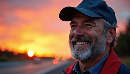Mature bearded man wears cap, smiles happily outdoors against vibrant sunset sky. He looks content, enjoying the evening during a road trip adventure, feeling peaceful and calm on his journey.