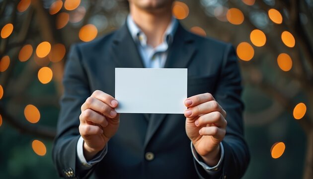 Man in suit holds blank business card with blurred festive lights background. Person offers empty name card for contacts. Space for text on mockup.