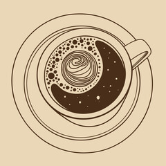Vector illustration of a coffee cup from top view with foam, bubbles and decorative swirl. Minimalistic line art style, perfect for cafe menus, branding, packaging, coffee blogs and prints.