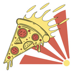 A bright vector illustration of a melting pizza slice with pepperoni, cheese drips, and a stylized sunburst background. Perfect for food design, pizzeria branding, fast food ads, menus, stickers, etc
