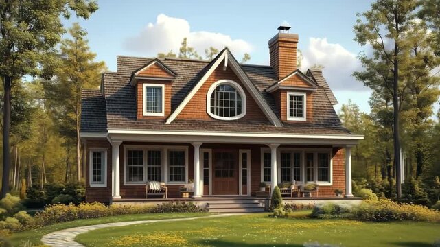 A charming wooden cape cod house with a gabled roof, surrounded by trees and a well-maintained garden, featuring a front porch and large windows