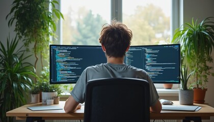 Young man codes on computer in bright home office with plants. Multiple screens display programming language. He works remotely, focused on task. Comfortable setup for long coding sessions.