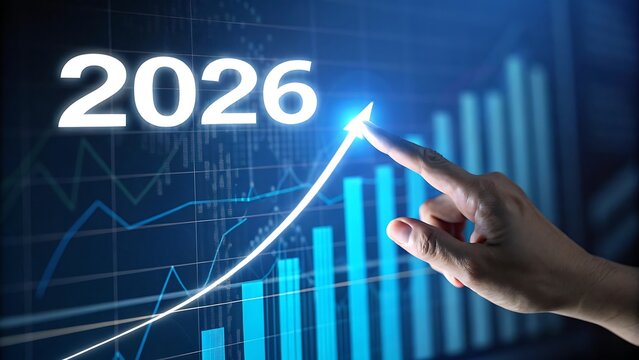 Hand pointing to upward trending graph with year 2026 overlay - Powered by Adobe