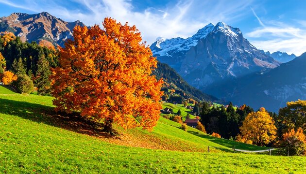 Autumnal view of a grassy hill with a bright orange tree and snow-capped mountains in the background