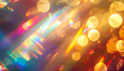 Abstract background with bokeh lights and prism-like light streaks creating a vibrant and colorful effect.