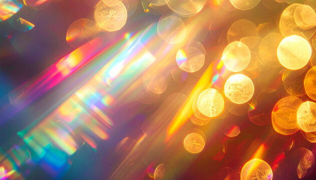 Abstract background with bokeh lights and prism-like light streaks creating a vibrant and colorful effect.