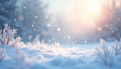 Naklejka premium Fresh white snow covers ground, small frosted plants. Soft falling snowflakes create beautiful winter wonderland scene. Gentle morning sunlight shines through blurred forest trees, making serene icy