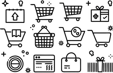 Shopping cart, basket, gift, bag, and website icons set