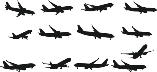 Airplane silhouette vector set, aircraft icon, landing gear, flight motion, aviation design, black plane, isolated graphic, white background
